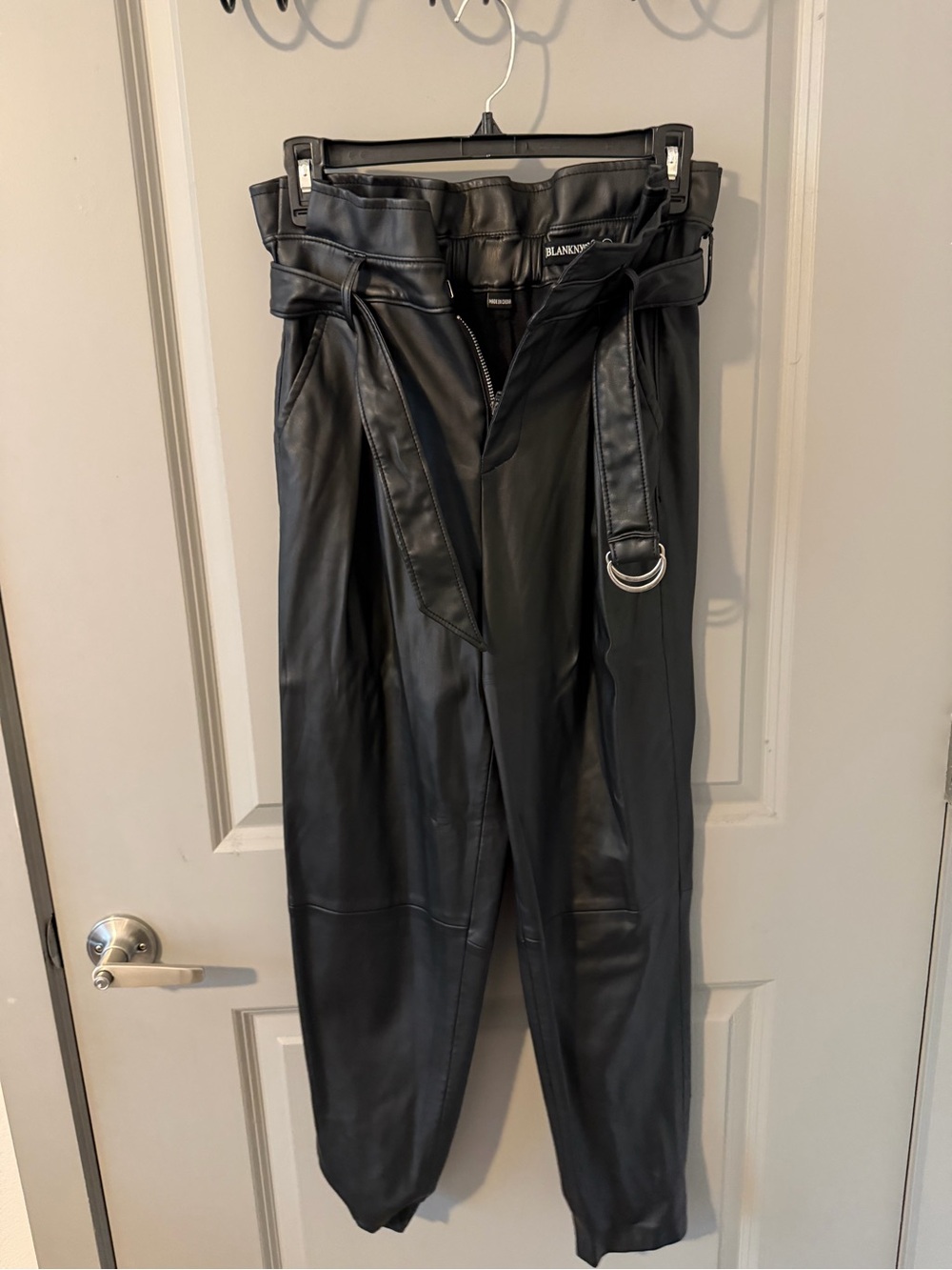 Vintage-style Blank NYC Black Faux Leather Paperbag Waist Pants with Belt